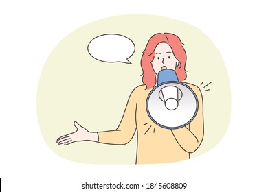 Protest, activism, announcement, speech, promotion, attention concept. Young woman protester activist cartoon character standing yelling with loudspeaker mouthpiece. Public movement or advertisement.