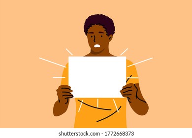 Protest, activism, discrimination, banner concept. Young serious african american man guy activist protester holding empty blank poster placard. Racial intolerance and black lives matter illustration.