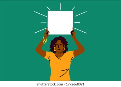 Protest, activism, discrimination, banner concept. Young serious african american woman activist protester holding empty blank poster placard. Racial intolerance and black lives matter illustration.