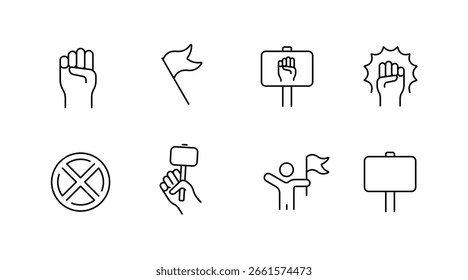 Conjunto de iconos de línea de protesta y activismo: contorno, silueta, símbolos de demostración