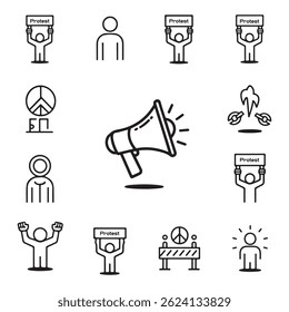 Protest and Activism Vector Icons Set – Thin Line Civil Rights Symbols, Placards, Fists, Megaphones, and Peace Signs – Minimalist Outline Style for Social Awareness Design