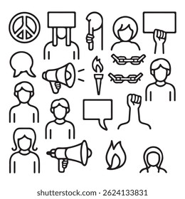 Protest and Activism Vector Icons Set – Thin Line Civil Rights Symbols, Placards, Fists, Megaphones, and Peace Signs – Minimalist Outline Style for Social Awareness Design