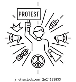 Protest and Activism Vector Icons Set – Thin Line Civil Rights Symbols, Placards, Fists, Megaphones, and Peace Signs – Minimalist Outline Style for Social Awareness Design