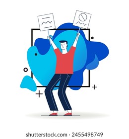 Protest activist holding placards placard. Male character showing poster flat vector illustration. Protester, demonstration, campaign concept for banner, website design or landing web page