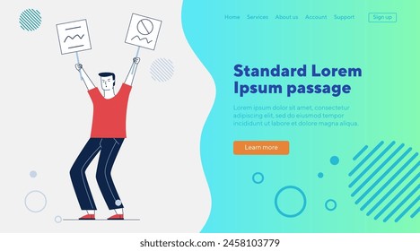 Protest activist holding placards placard. Male character showing poster flat vector illustration. Protester, demonstration, campaign concept for banner, website design or landing web page