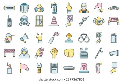 Protest activist icons set. Outline set of protest activist vector icons thin line color flat on white