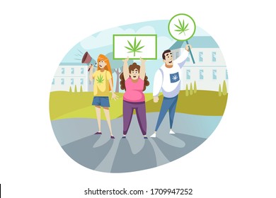 Protesta, activista, concepto de marihuana, cannabis. Un grupo de jóvenes activistas mujeres protestan con pancartas que piden legalizar la marihuana. Manifestación por la legalización del cannabis.
