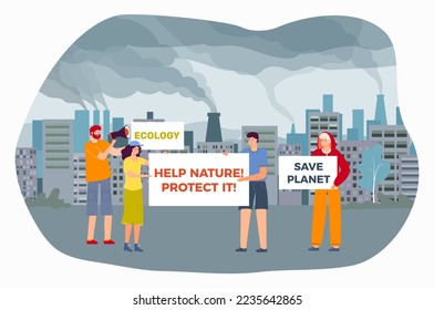 Protest activist save ecology concept, vector illustration, flat man woman people character hold placard with help protect nature near factory