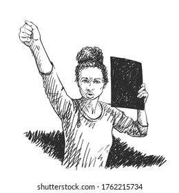 Protest. African american woman with black banner showing fist. Vector sketch, Hand drawn illustration