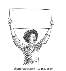 Protest. African american woman with empty sign board is screaming during protest. Vector sketch, Hand drawn illustration