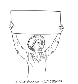 Protest. African american woman with empty sign board is screaming during protest. Vector sketch, Hand drawn linear illustration