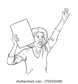Protest. African american woman with empty sign board is screaming during protest. Vector sketch, Hand drawn linear illustration