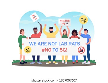 Protest against 5G flat concept vector illustration. Social rights protection. Preventive measure for safety. Angry people with placards 2D cartoon characters for web design. Strike creative idea