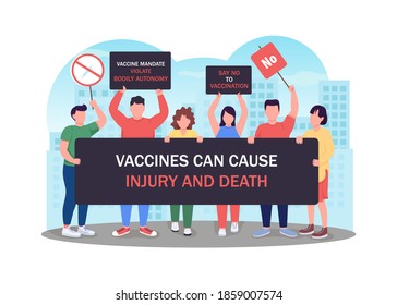 Protest against vaccination flat concept vector illustration. Human rights, social movement. Crowd with placards 2D cartoon characters for web design. Awareness campaign creative idea