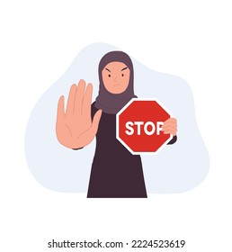 Protesta contra la violencia y la agresión contra la mujer. Mujer musulmana sosteniendo el cartel de STOP. Ilustración del vector