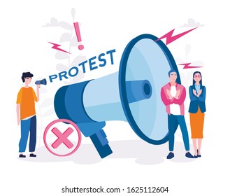 Protest, Angry Young People megaphone, Political Meeting or Rally with Huge Loudspeaker. Vector illustration for web banner, infographics, mobile Man and Woman Protesting on Demonstration.  