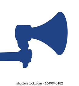 Protest art. A megaphone blue icon in hand isolated on white background. Vector stock illustration for copy space.