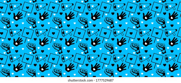 protest art seamless pattern, elements like hand, megaphone, heart, plate, raised fist, blue background, vector illustration