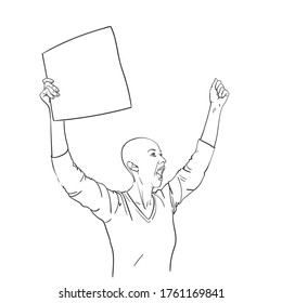 Protest. Bald woman with blank sign board is screaming and showing fist. Vector sketch, Hand drawn line art illustration