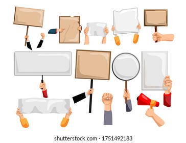 Protest banner. Blank banners isolated for protest message on white background. Demonstration placard in a hand template. Human arm with megaphone, social right concept