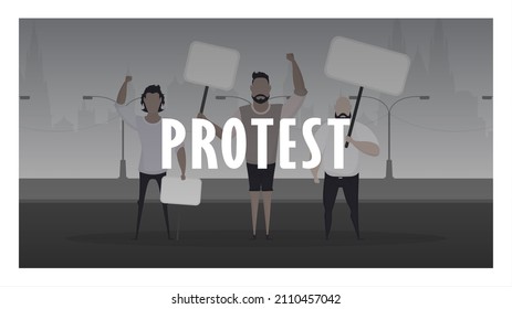 Protest banner. A crowd of guys with banners in their hands came out to protest. Prosky style. Vector illustration.