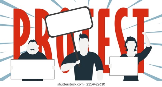 Protest banner. A group of men with banners. Strike concept. Flat style, vector.