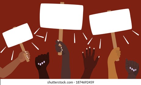 Protest banner. A group of people are holding blank placards. Peaceful protest, demonstration, political campaign rally or demonstration. Hands of different skin colors are raised up with signs. Vector concept