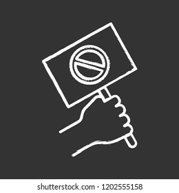 Protest banner in hand chalk icon. Protester’s or activist’s hand. Demonstration, meeting. Protest placard. Social and political movement participant. Isolated vector chalkboard illustration