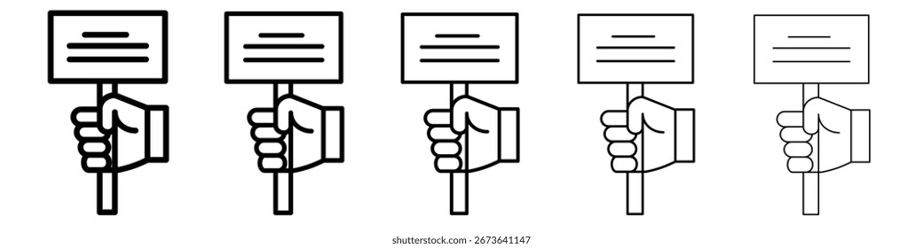 Anuncio de protesta en el logotipo del conjunto plano de la ilustración del icono de la mano