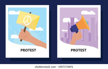 Protest banner and megaphone in frames design, Manifestation activist and demonstration theme Vector illustration