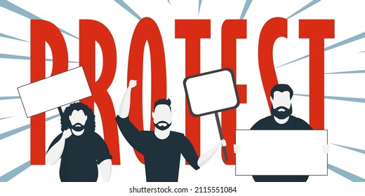 Protest banner. Men protest with banners. Strike concept. Flat style, vector.