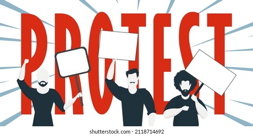 Protestbanner. Männer protestieren mit Bannern. Strike Konzept. Vektorgrafik.