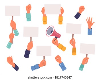 Protest banners and placards in hands with megaphone, vector flat isolated icons. Protester people hands with empty banners or demonstration placards for strike manifestation or vote posters