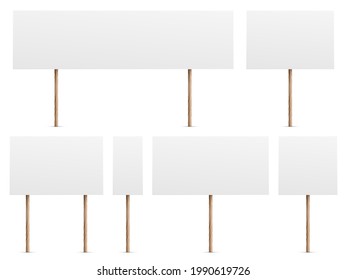 Protest banners. Realistic white placards for demonstrations. 3D blank boards on wooden sticks set. Politic strike posters templates. Social picket equipment. Vector empty billboards