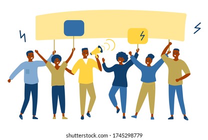 Protest of black group of people against. Afro american active men and women fight for their rights. Protesting people with slogans and signs, protection of rights. Vector illustration