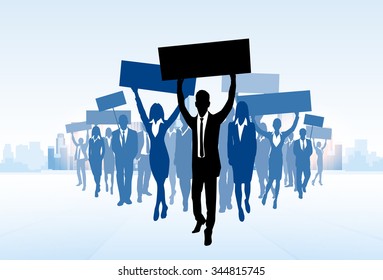 Protest Business People Crowd Silhouette, Man Holding Flag Banner Walk Forward Vector Illustration