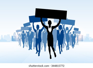 Protest Business People Crowd Silhouette, Woman Holding Flag Banner Walk Forward Vector Illustration