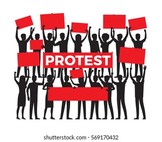 Protest by group of protester silhouette on white. Vector illustration of people in black colour holding red posters and raising their hands. People disagreement and disapproval expressed in protest