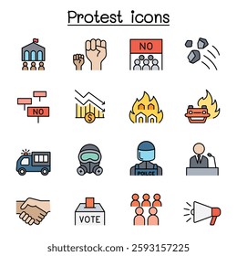Protest and chaos icon set color line style