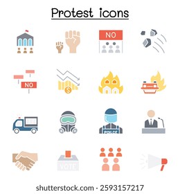 Protest and chaos icon set in flat color style