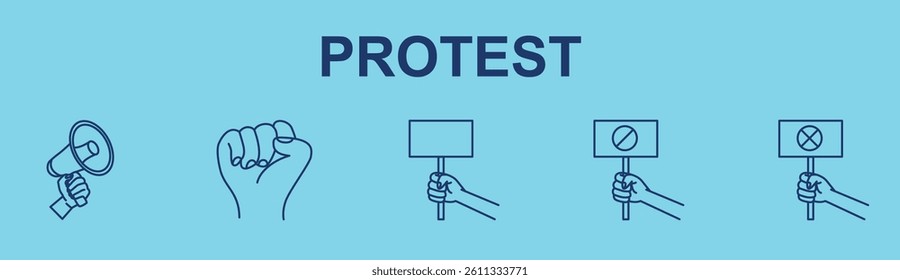 Protest concept banner with icons