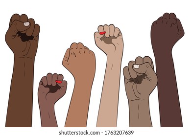 Protest concept banner, raised up fists in different skin color illustration.