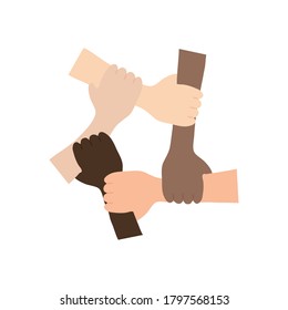 protest concept, Five Human Hands Holding Eachother For Solidarity And Unity over white background, flat style, vector illustration