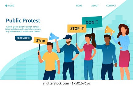 Protest concept. Group of people different races on the street with banners. The fight for human rights. Workers' strike. Activists against injustice. Perfect for landing page, banner, web. Vector