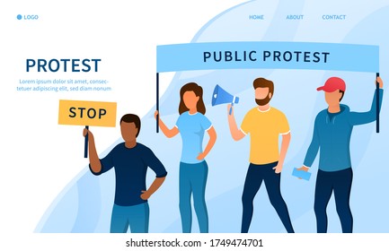 Protest concept. Group of people on the street with banners. The struggle for human rights. Workers' strike. Activists against injustice. Perfect for landing page, banner, web design. Flat Vector
