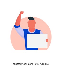 Protest concept Guy with a blank banner in his hands. With space for your text. Rally or protest concept. Cartoon style.