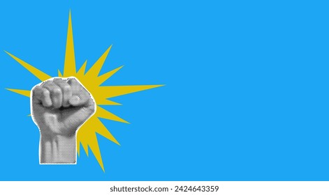 Protest concept. Halftone collage banner, raised fist on a blue background. Modern minimal style for poster, banner and background. Vector illustration