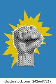Protest concept. Halftone collage banner, raised fist on a blue background. Modern minimal style for poster, banner and background. Vector illustration