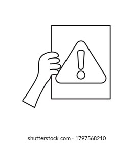 protest concept, hand holding a placard with warning sign symbol over white background, line style, vector illustration