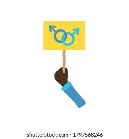 protest concept, hand holding a placard with male gender symbols icon over white background, flat style, vector illustration